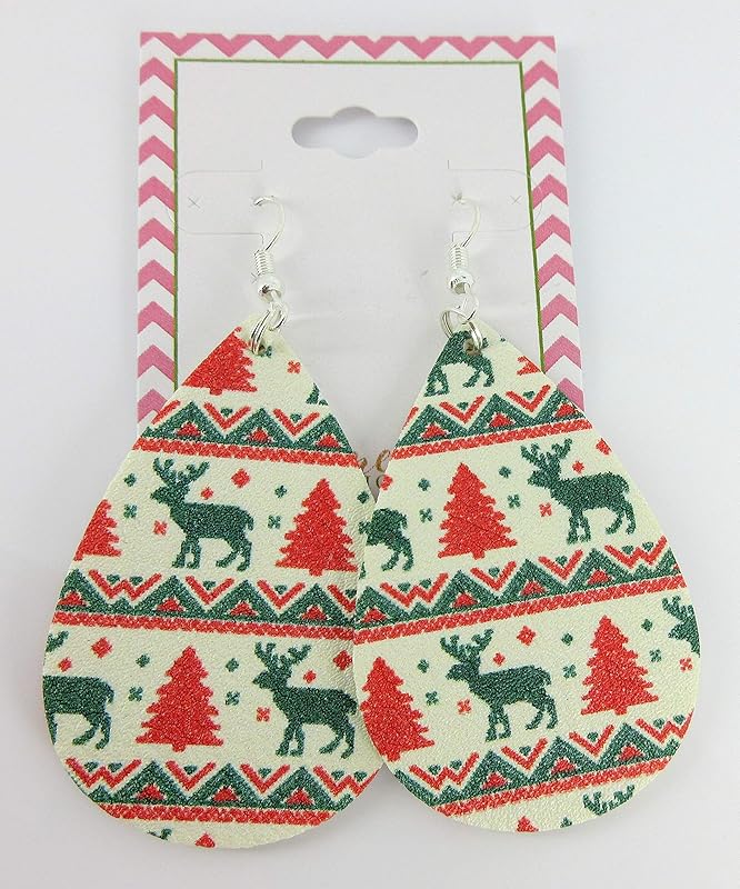 Summerfield Collection White Red Green Christmas Print Faux Leather Large Teardrop Dangle Earrings