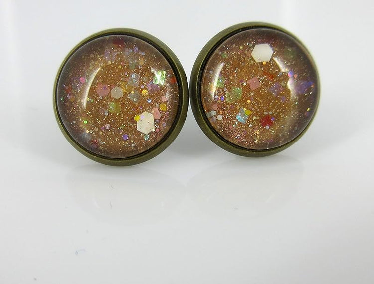 Summerfield Collection Trio Antiqued Gold-tone Stud Earrings Blue Orange Glitter Glass Clear AB Faux Druzy Stone Set 12mm