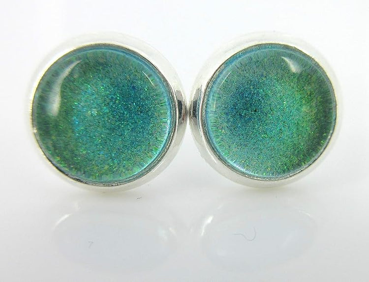 Summerfield Collection Silver-tone Blue Green Color Shift Glitter Glass Stud Earrings Hand-painted 8mm