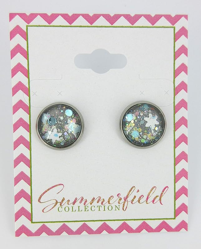 Summerfield Collection Stainless Steel Gray Snowfall Glitter Glass Stud Earrings Hand-painted 12mm