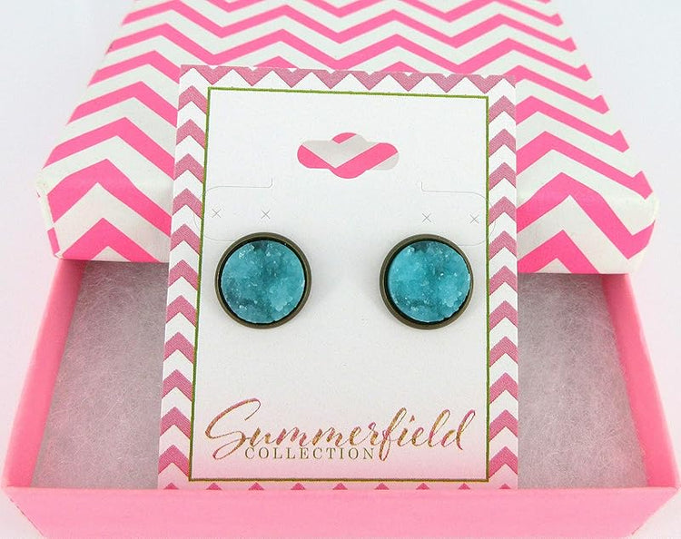 Summerfield Collection Antiqued Gold-tone Faux Druzy Stone Stud Earrings 12mm (Aqua Blue)