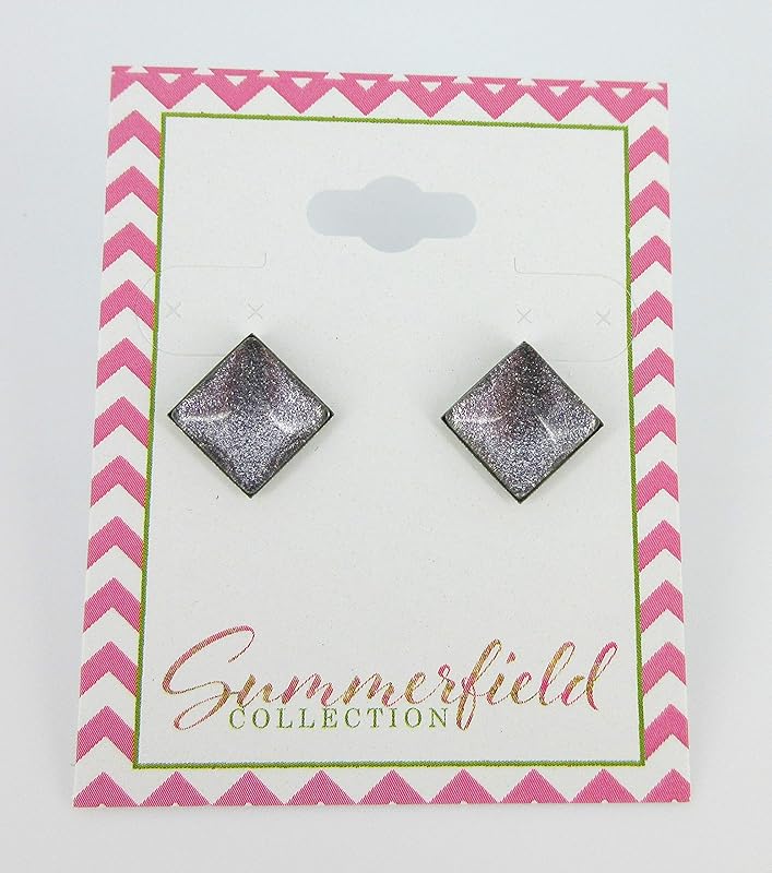 Summerfield Collection Stainless Steel Charcoal Gray Purple Green Glitter Glass Stud Earrings Hand-painted Square 10mm