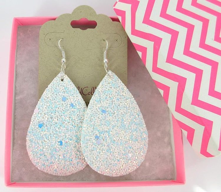 Summerfield Collection Silver-tone Glitter Faux Leather Large Teardrop Dangle Earrings (White w/Pink and Lt Blue)