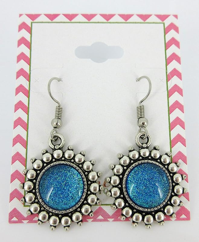 Summerfield Collection Antiqued Silver-tone Blue Green Glitter Glass Dangle Earrings Hand-painted