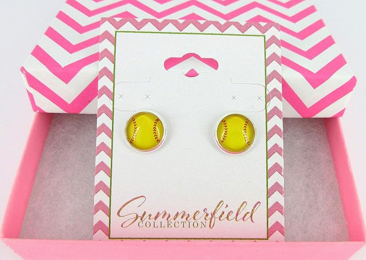 Summerfield Collection Silver-tone Yellow Softball Print Glass Stud Earrings 10mm