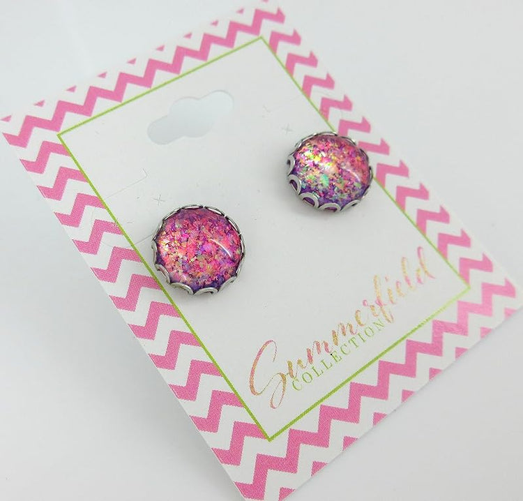 Summerfield Collection Stainless Steel Magenta Pink Purple with Colorshifting Rainbow Flake Glitter Glass Stud Earrings Hand-painted 12mm