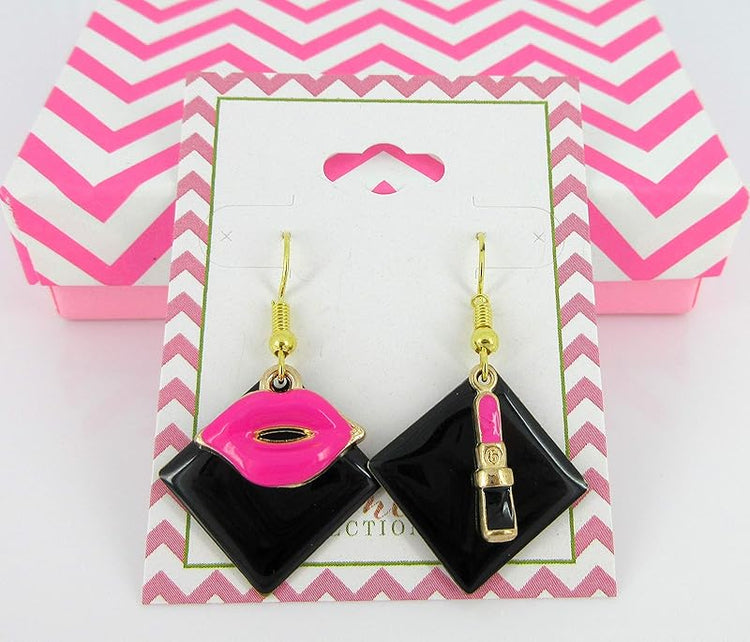 Summerfield Collection Gold-tone Enamel Lipstick and Lip Charm Dangle Earrings (Black/Hot Pink)