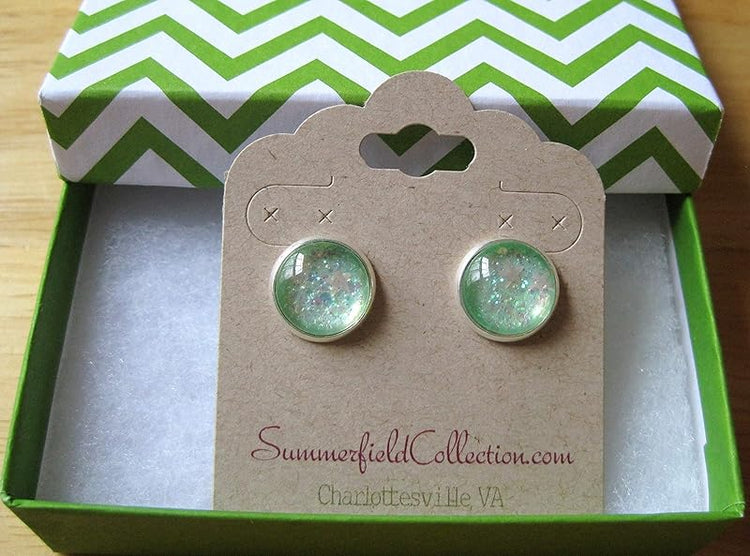 Summerfield Collection Silver-Tone Seafoam Iridescent Glitter Glass Stud Earrings 1/2" Round Mermaid Tears