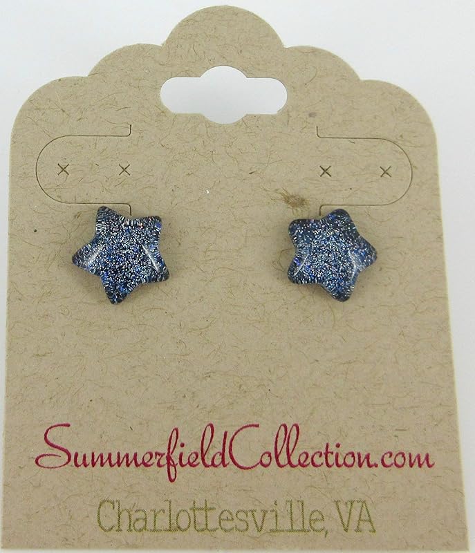 Summerfield Collection Blue Holographic Star Glitter Glass Galaxy Stud Earrings 10mm Hand-painted