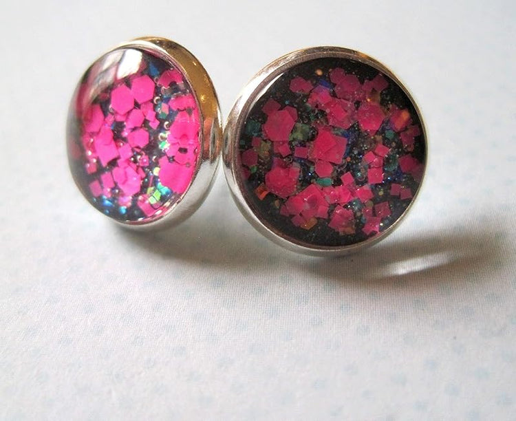 Summerfield Collection Silver-Tone Charcoal Gray and Neon Pink Glitter Glass Stud Earrings 12mm