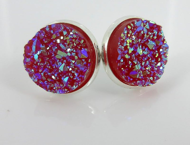 Summerfield Collection Trio Silver-tone Stud Earrings Faux Druzy Stone Red Dark Pink Blue Set 12mm