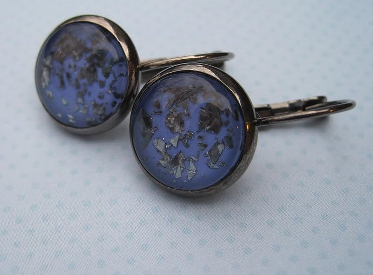 Summerfield Collection Hematite-tone Cornflower Blue Flake Glitter Glass Lever-back Drop Earrings Hand-painted