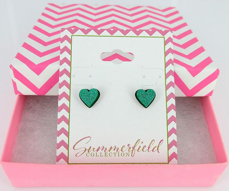 Summerfield Collection Stainless Steel Glitter Acrylic Heart Stud Earrings 8mm (Teal Blue Green)