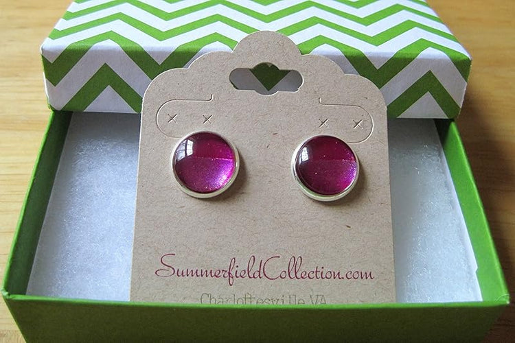 Summerfield Collection Silver-Tone Metallic Fuschia Part Matte Glass Stud Earrings 1/2" Round