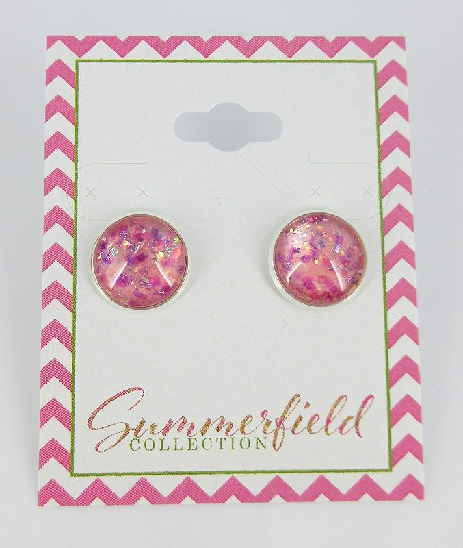 Summerfield Collection Silver-tone Pink and Purple Iridescent Glitter Glass Stud Earrings Hand-painted 12mm