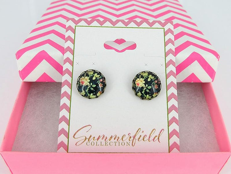 Summerfield Collection Antiqued Gold-tone Black and Pink Flower Print Glass Stud Earrings 12mm