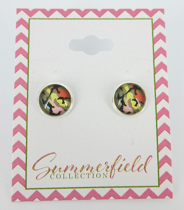 Summerfield Collection Silver-tone Camo Print Glass Stud Earrings 10mm Camoflauge (Rainbow)