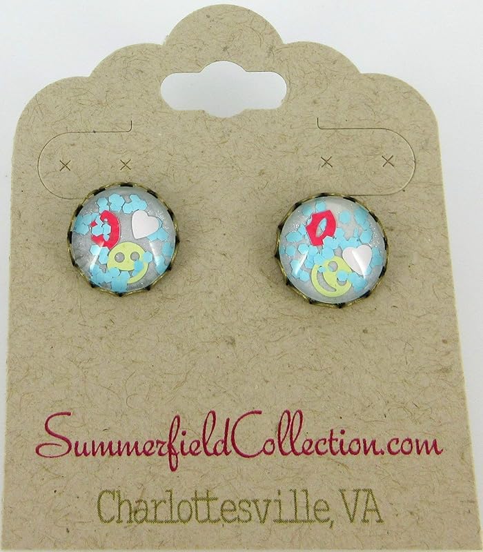 Summerfield Collection Antiqued Gold-tone Emoji Glitter Glass Stud Earrings Pink Red Yellow Aqua Blue Hand-painted