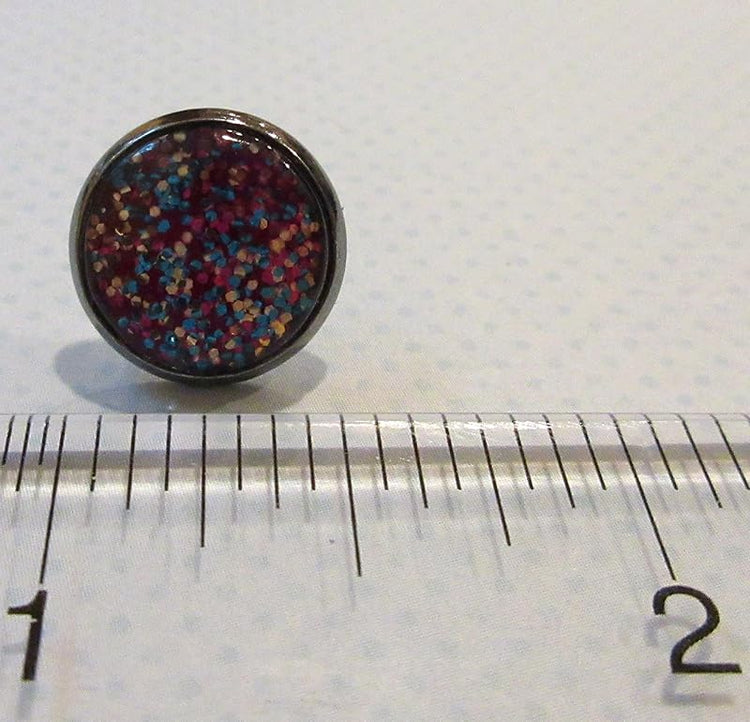Summerfield Collection Hematite-tone Magenta Pink Confetti Glitter Glass Stud Earrings Hand-painted 12mm