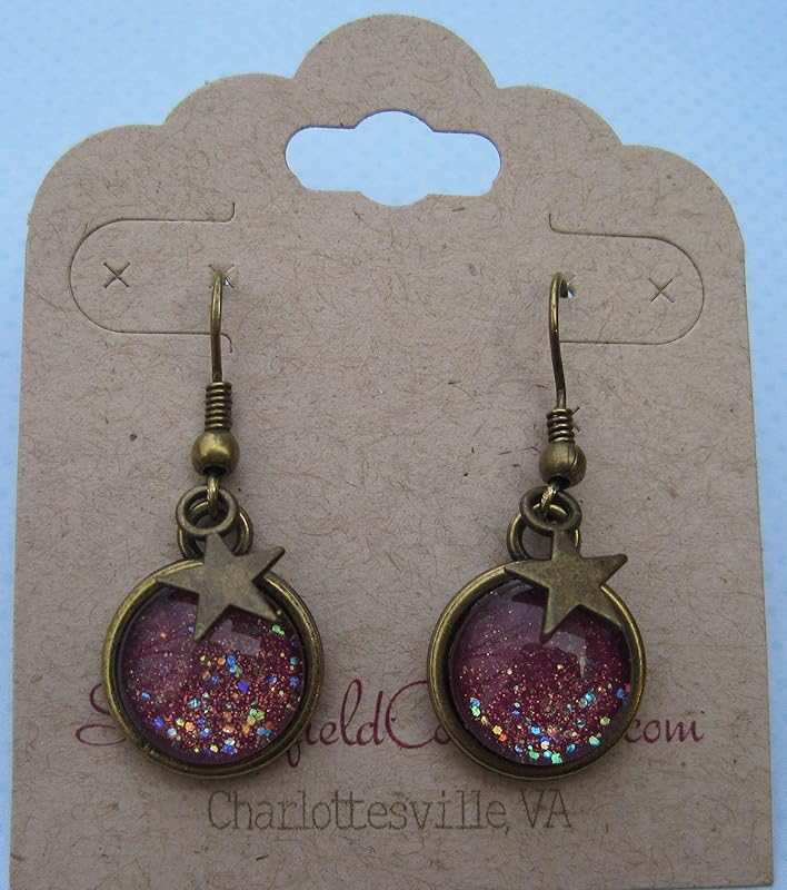 Summerfield Collection Antiqued Gold-tone Glitter Glass Star Charm Galaxy Dangle Earrings Plum Berry Purple Hand-painted