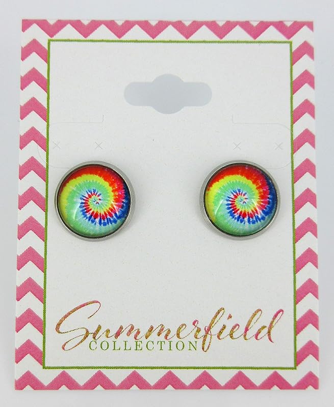 Summerfield Collection Stainless Steel Tie Dye Print Glass Stud Earrings 12mm (Aqua/Royal Swirl)