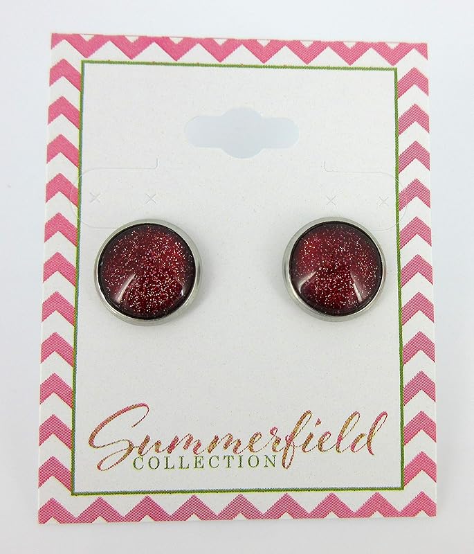 Summerfield Collection Stainless Steel Red with Gold Glitter Glass Stud Earrings Hand-painted 12mm