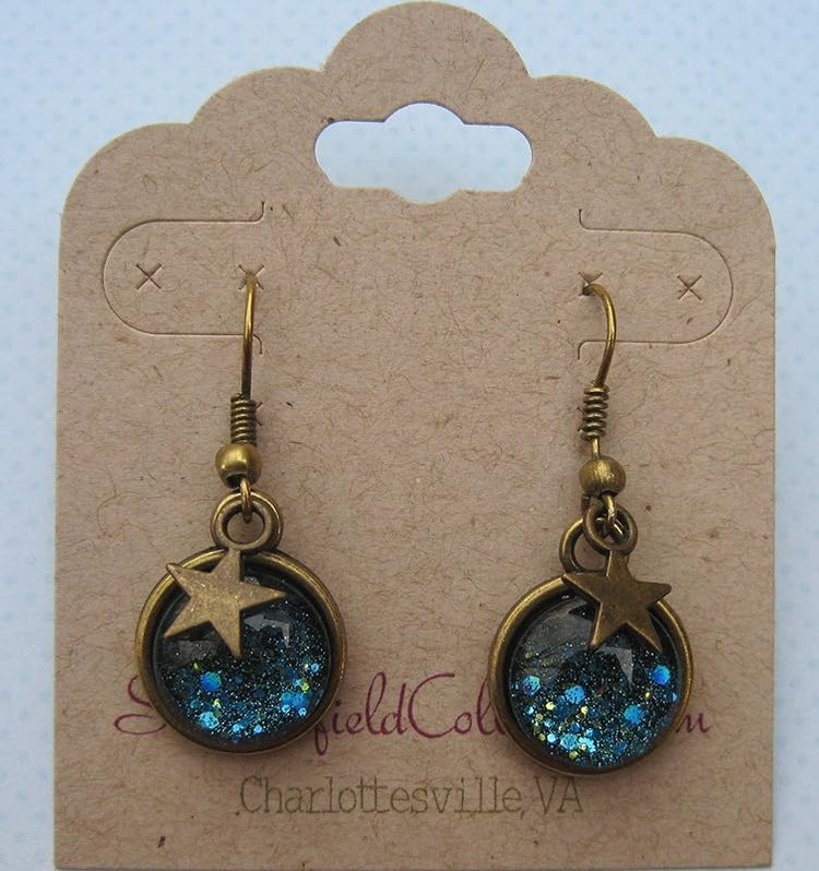Summerfield Collection Antiqued Gold-tone Ocean Blue Glitter Glass Star Charm Galaxy Dangle Earrings Hand-painted