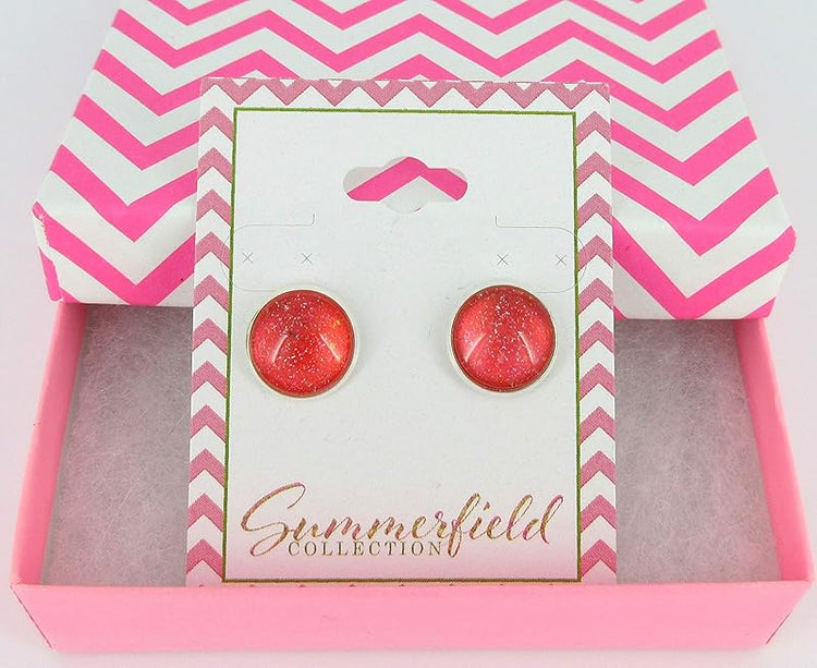 Summerfield Collection Silver-tone Coral Iridescent Glitter Glass Stud Earrings Hand-painted 12mm