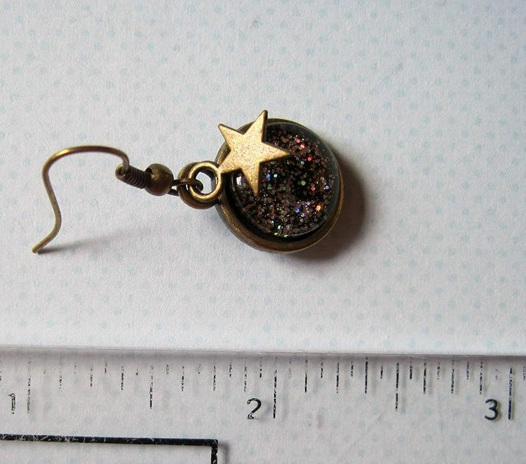 Summerfield Collection Antiqued Gold-tone Black Glitter Glass Star Charm Galaxy Dangle Earrings Hand-painted