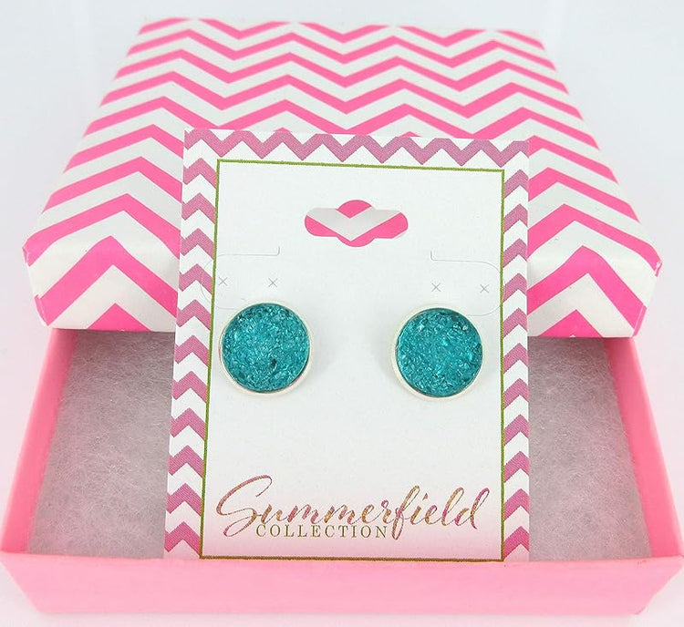 Summerfield Collection Silver-tone Caribbean Blue Faux Druzy Stone Stud Earrings (12mm)