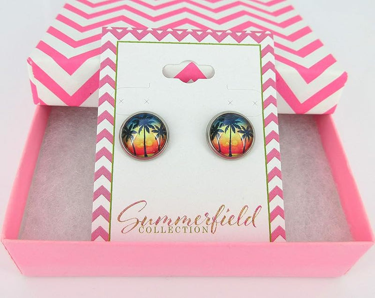Summerfield Collection Stainless Steel Tropical Sunset Palm Tree Print Glass Stud Earrings 12mm