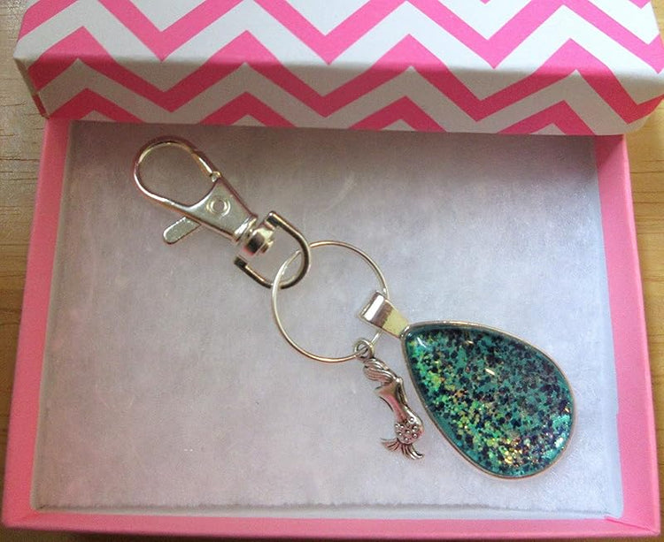 Summerfield Collection Silver-tone Mermaid Charm Glitter Glass Teardrop Keychain Hand-painted