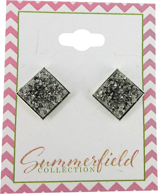 Summerfield Collection Gunmetal Geometric Square Shaped Chunky Faux Druzy Stud Earrings 12mm Statement Hematite-tone