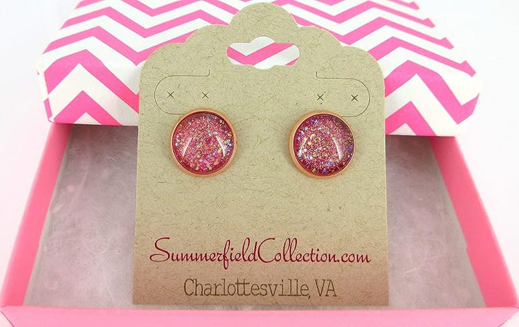 Summerfield Collection Rose Gold-tone Berry Iridescent Glitter Glass Galaxy Stud Earrings Hand-painted 12mm