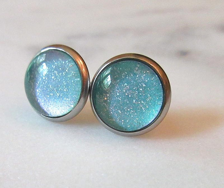 Summerfield Collection Stainless Steel Light Aqua Mint Glitter Glass Stud Earrings Hand-painted 10mm