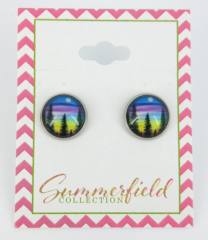 Summerfield Collection Stainless Steel Forest Rainbow Sunset Print Glass Stud Earrings 12mm