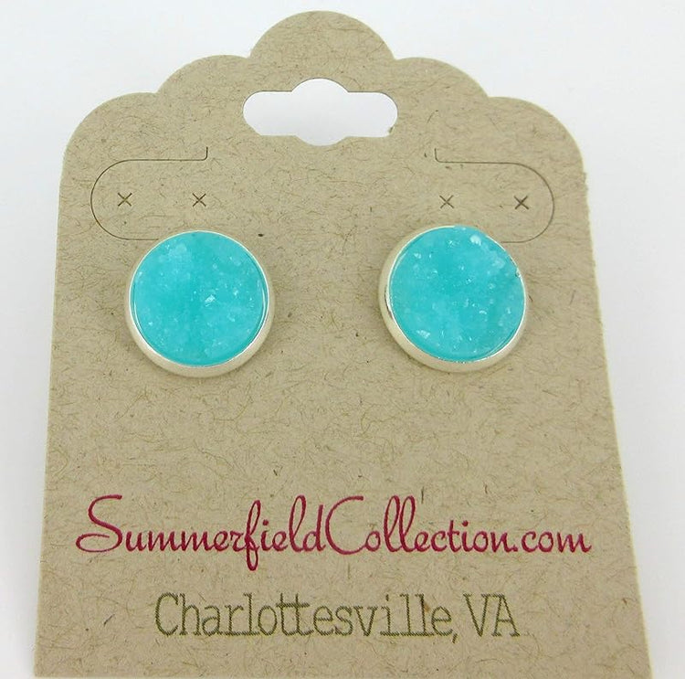 Summerfield Collection Silver-tone Faux Druzy Stone Stud Earrings 12mm (Aqua Blue)