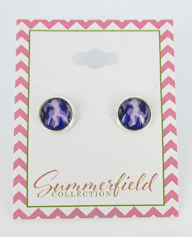 Summerfield Collection Silver-tone Camo Print Glass Stud Earrings 10mm Camoflauge (Purple)