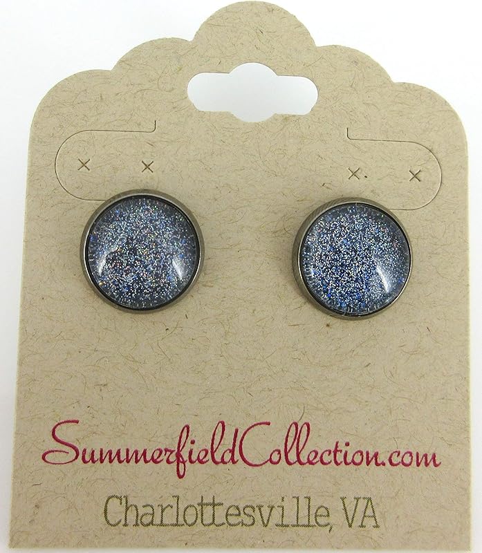 Summerfield Collection Hematite-tone Blue Holographic Glitter Glass Galaxy Stud Earrings Hand-painted 12mm