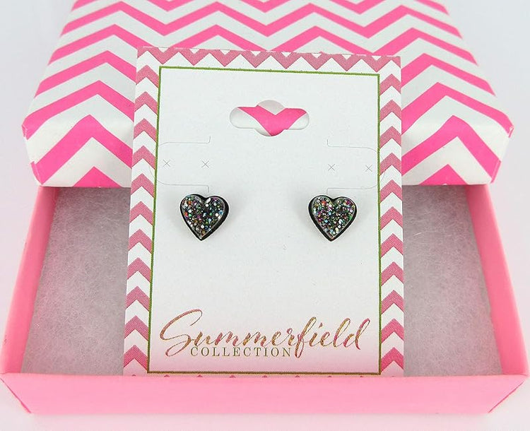 Summerfield Collection Stainless Steel Glitter Acrylic Heart Stud Earrings 8mm (Dark Rainbow)