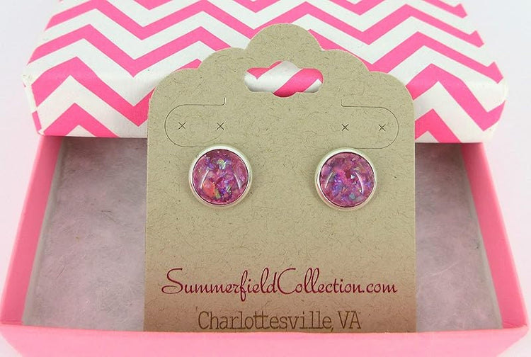 Summerfield Collection Shiny Silver-tone Opalescent Leaf Resin Stud Earrings 10mm (Magenta)