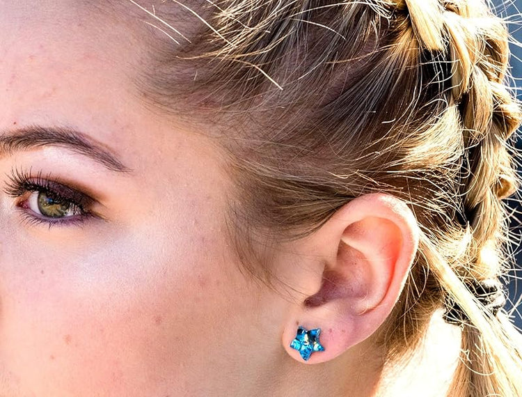Summerfield Collection Aqua Blue and Black Star Shaped Glitter Glass Galaxy Stud Earrings 10mm Hand-painted