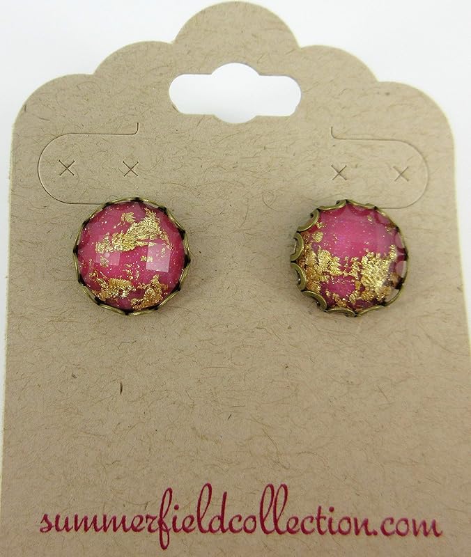 Summerfield Collection Antiqued Gold-tone Faceted Resin Leaf Foil Stud Earrings 12mm (Hot Pink)