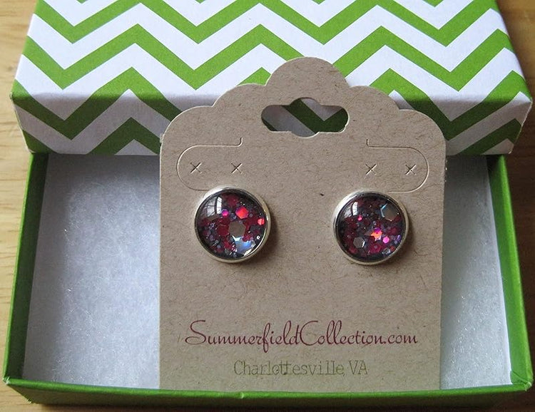 Summerfield Collection Silver-Tone Charcoal Gray and Pink Hexagon Glitter Glass Stud Earrings 12mm