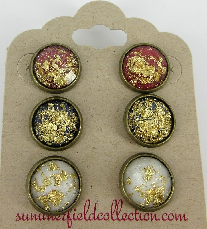 Summerfield Collection Trio Antiqued Gold-tone Leaf Foil Faceted Resin Stud Earrings Set 12mm (Red/Navy Blue/White)