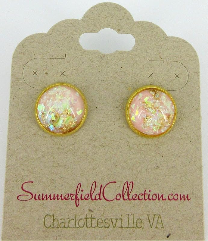 Summerfield Collection Shiny Gold-tone Pink and Opalescent Leaf Resin Stud Earrings 12mm