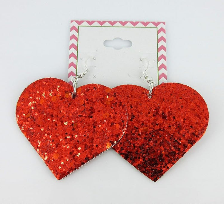 Summerfield Collection Red Glitter Faux Leather Large Heart Dangle Earrings