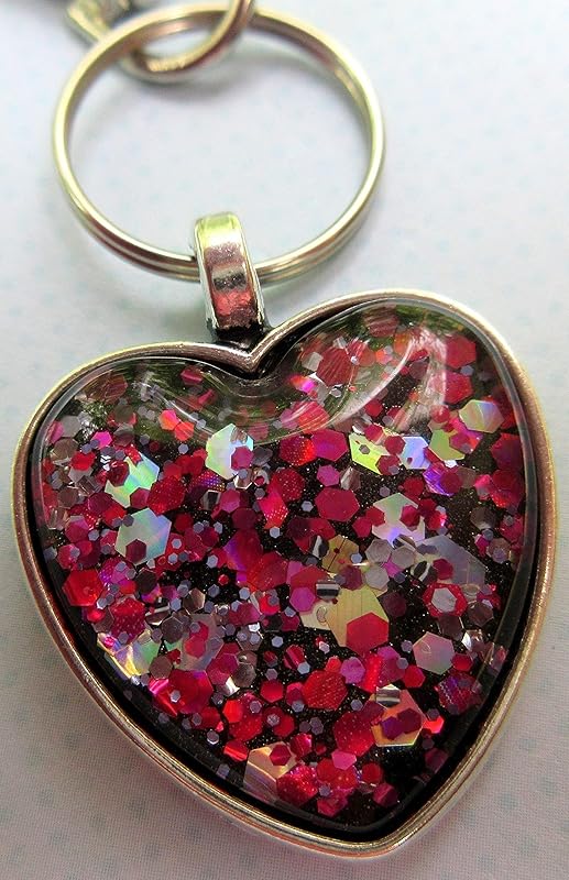 Summerfield Collection Antiqued Silver-tone Pink and Black Glitter Glass Heart Keychain Hand-painted