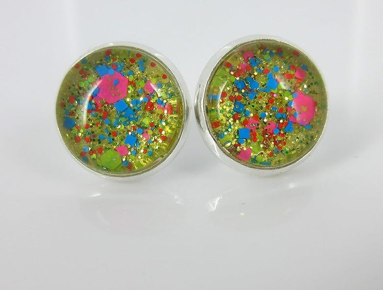 Summerfield Collection Trio Silver-tone Stud Earrings Neon Pink Yellow and Blue Glitter Glass Set 12mm Hand-painted