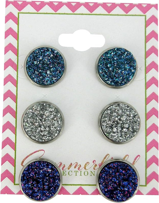 Summerfield Collection Trio Stainless Steel Glitter Faux Druzy Stone Stud Earrings Set (Purple/Silver/Blue)